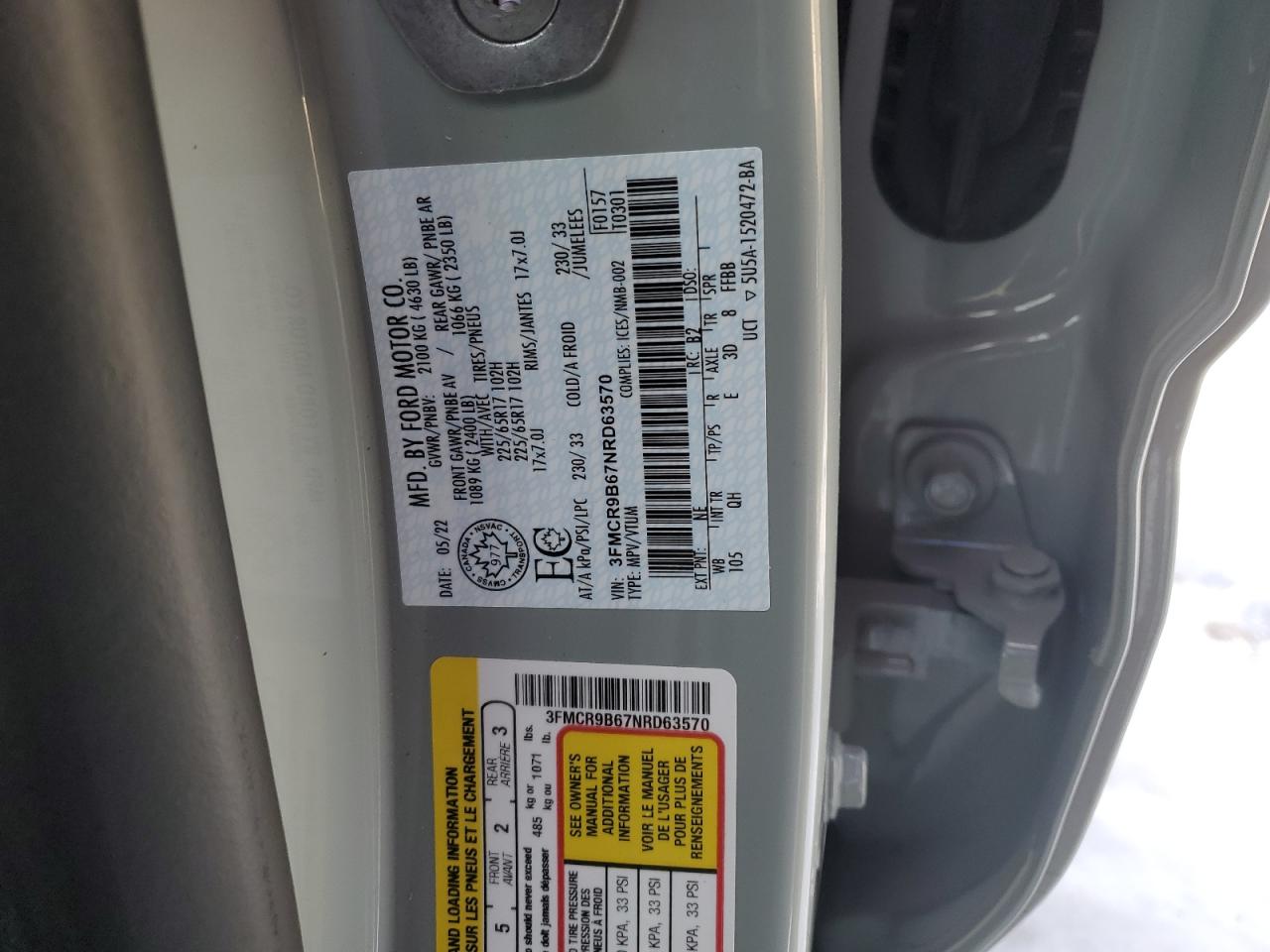 2022 FORD BRONCO SPORT BIG BEND VIN:3FMCR9B67NRD63570
