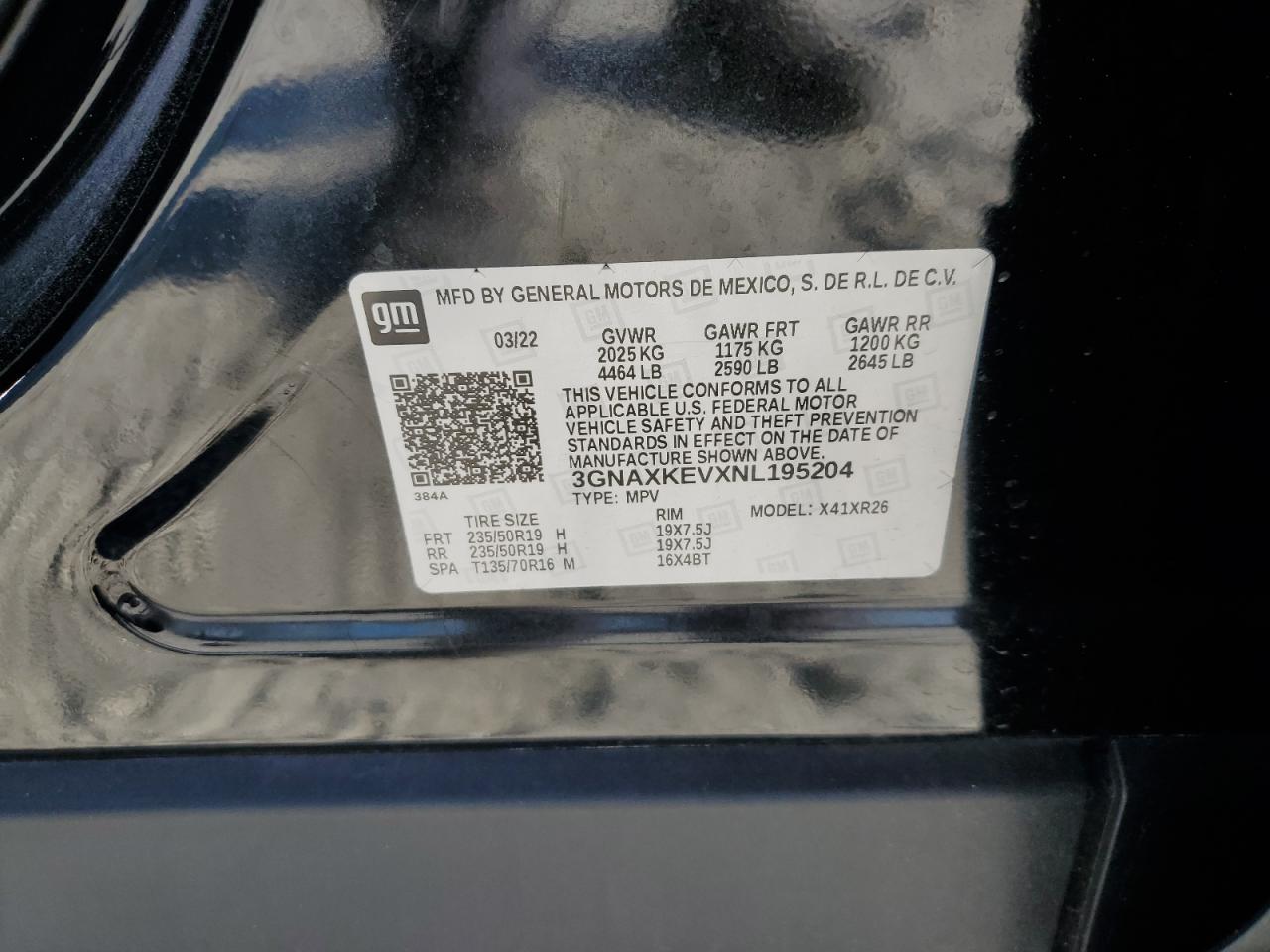 2022 CHEVROLET EQUINOX LT VIN:3GNAXKEVXNL195204