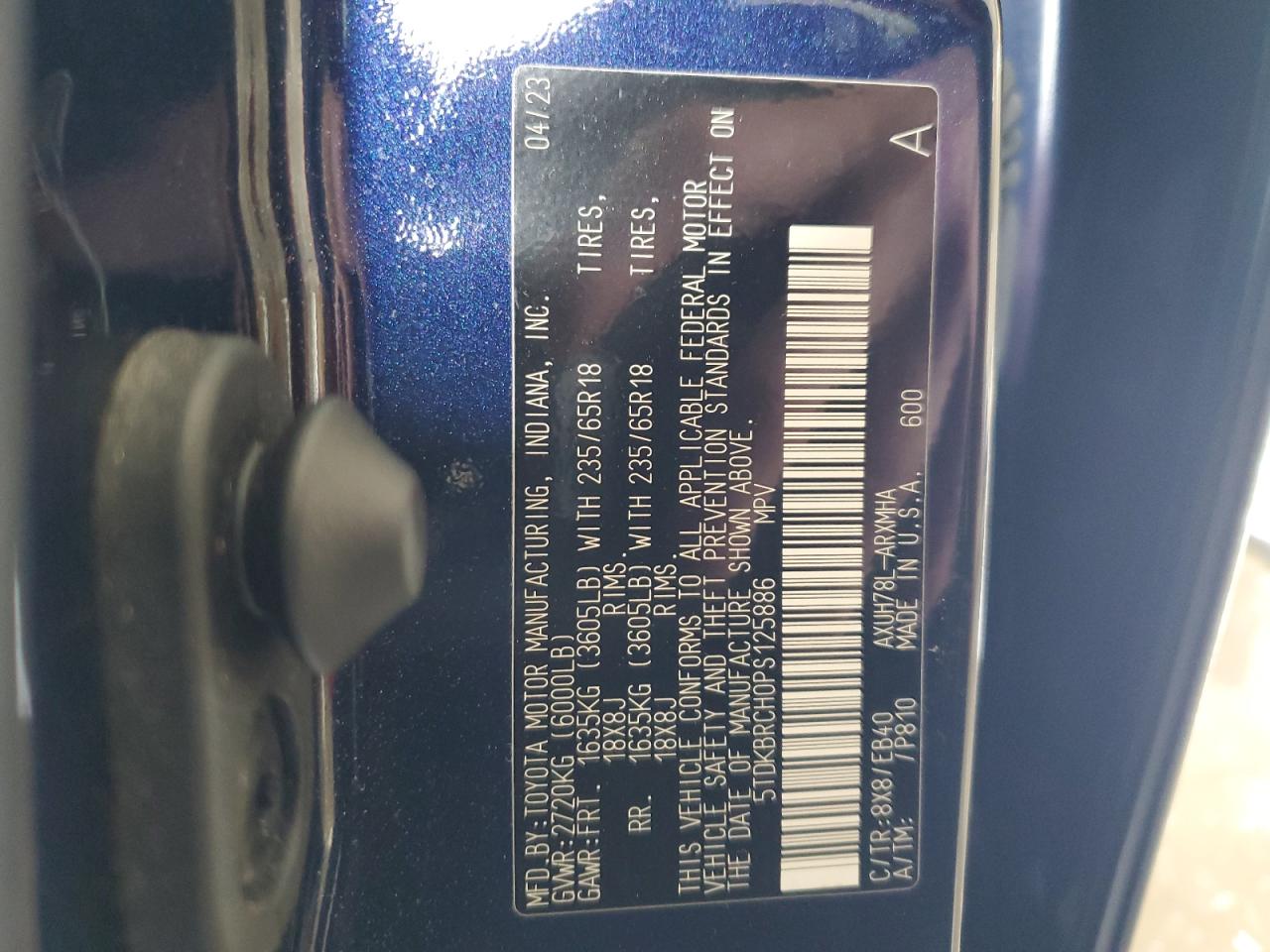 2023 TOYOTA HIGHLANDER HYBRID XLE VIN:5TDKBRCH0PS125886