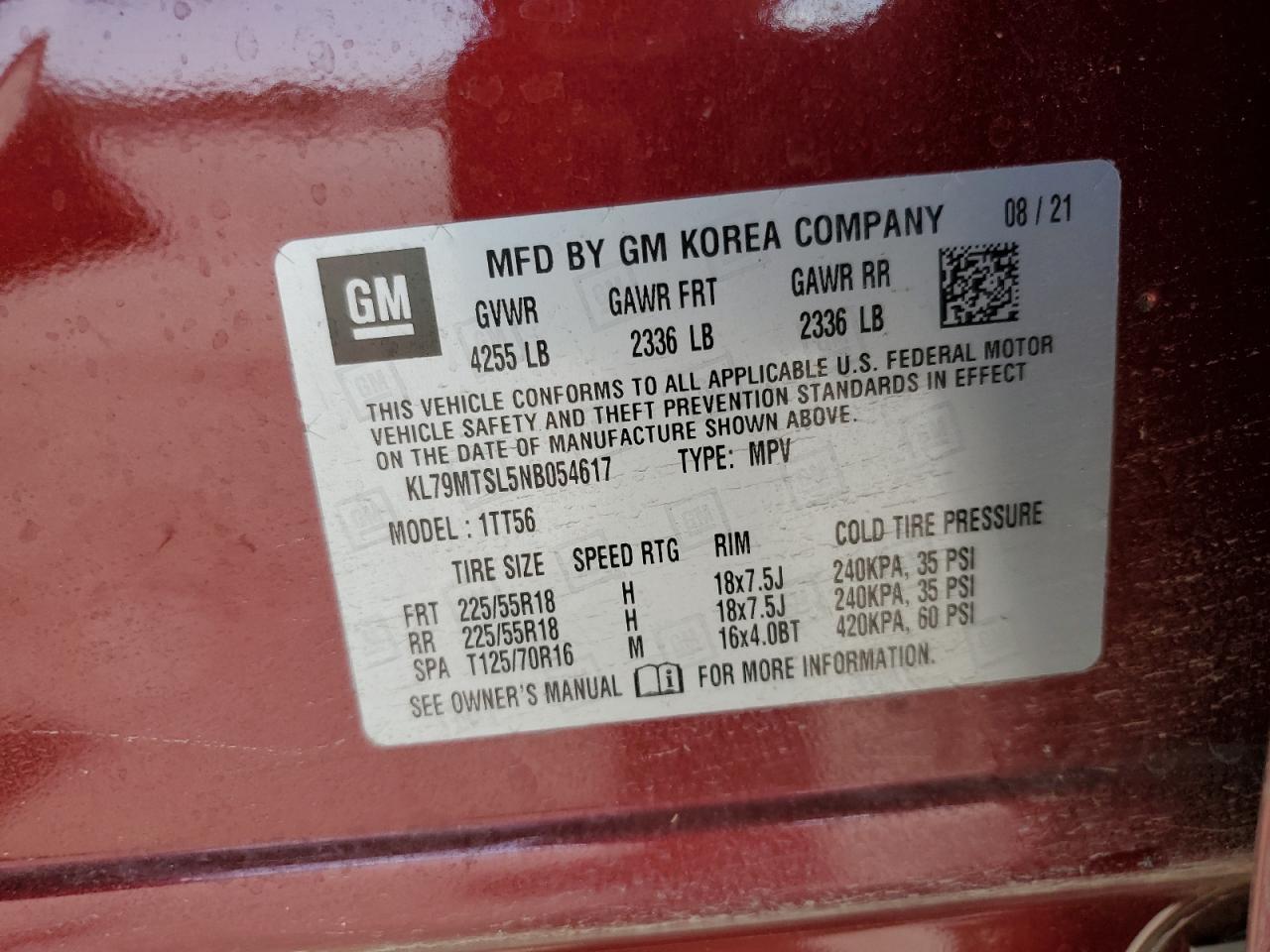 2022 CHEVROLET TRAILBLAZER RS VIN:KL79MTSL5NB054617