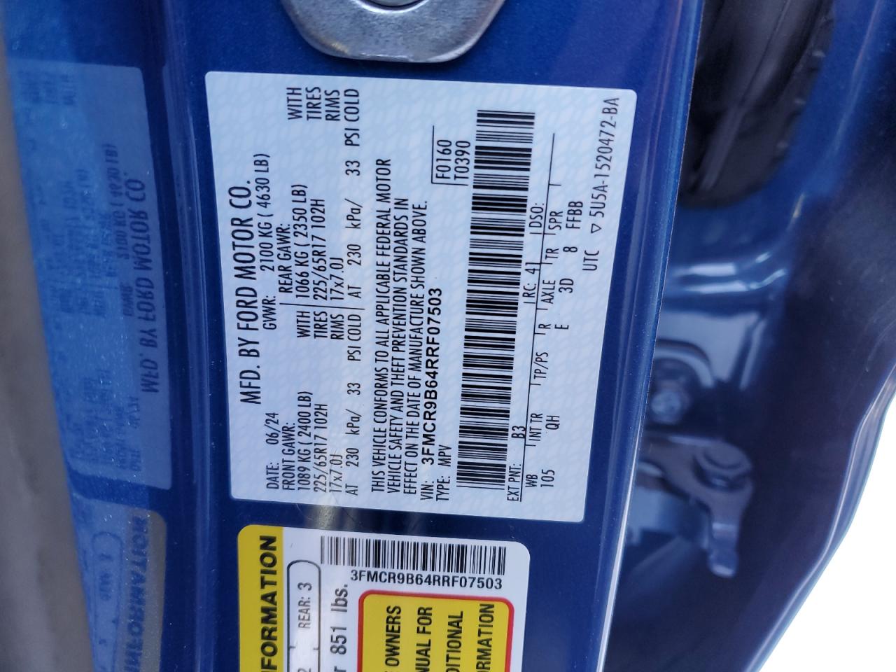 2024 FORD BRONCO SPORT BIG BEND VIN:3FMCR9B64RRF07503
