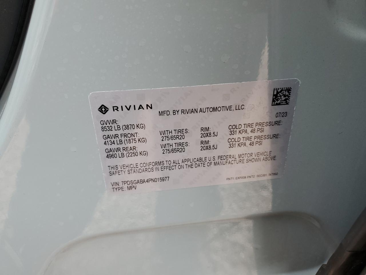 2023 RIVIAN R1S ADVENTURE VIN:7PDSGABA4PN015977