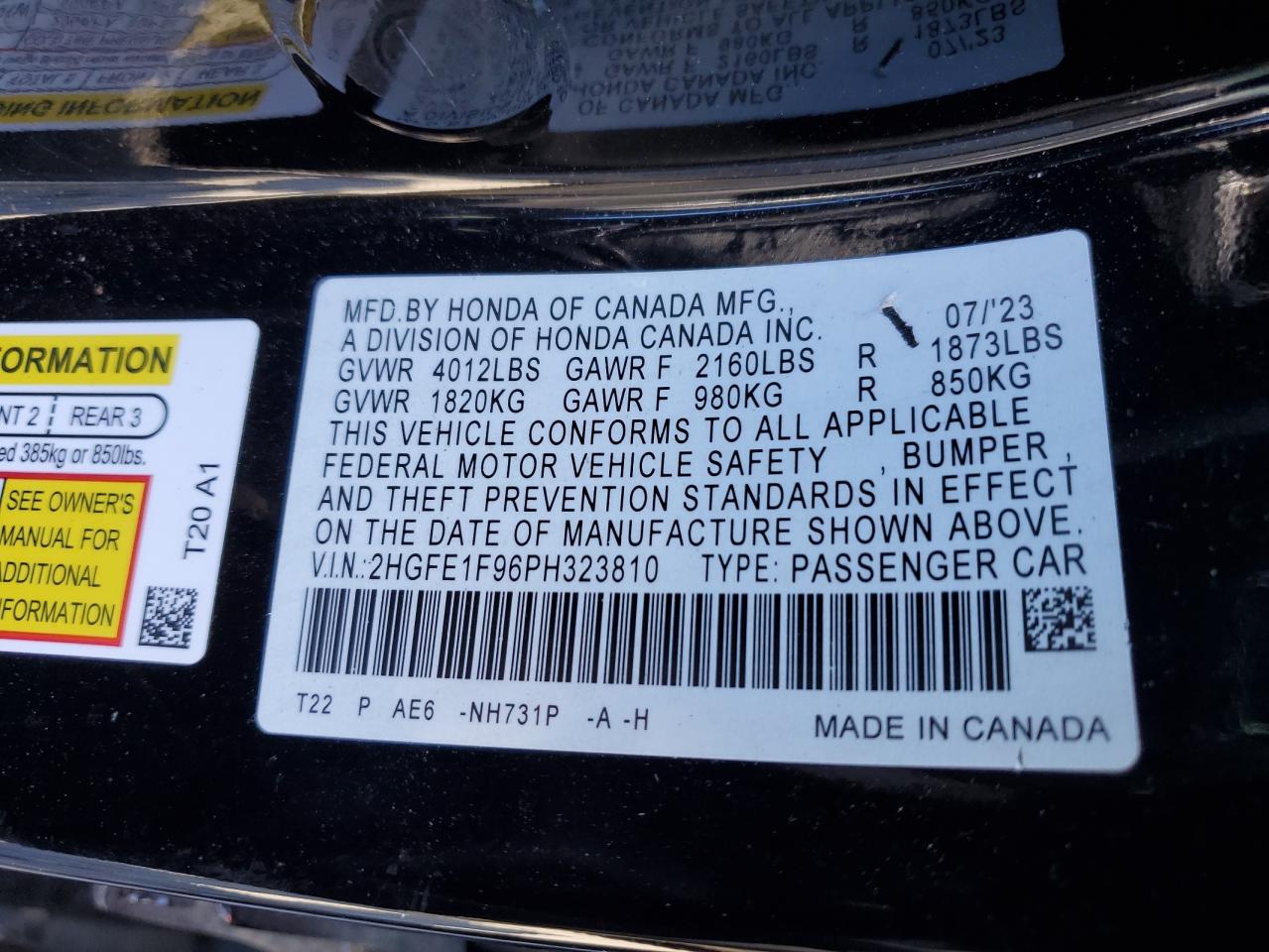 2023 HONDA CIVIC TOURING VIN:2HGFE1F96PH323810