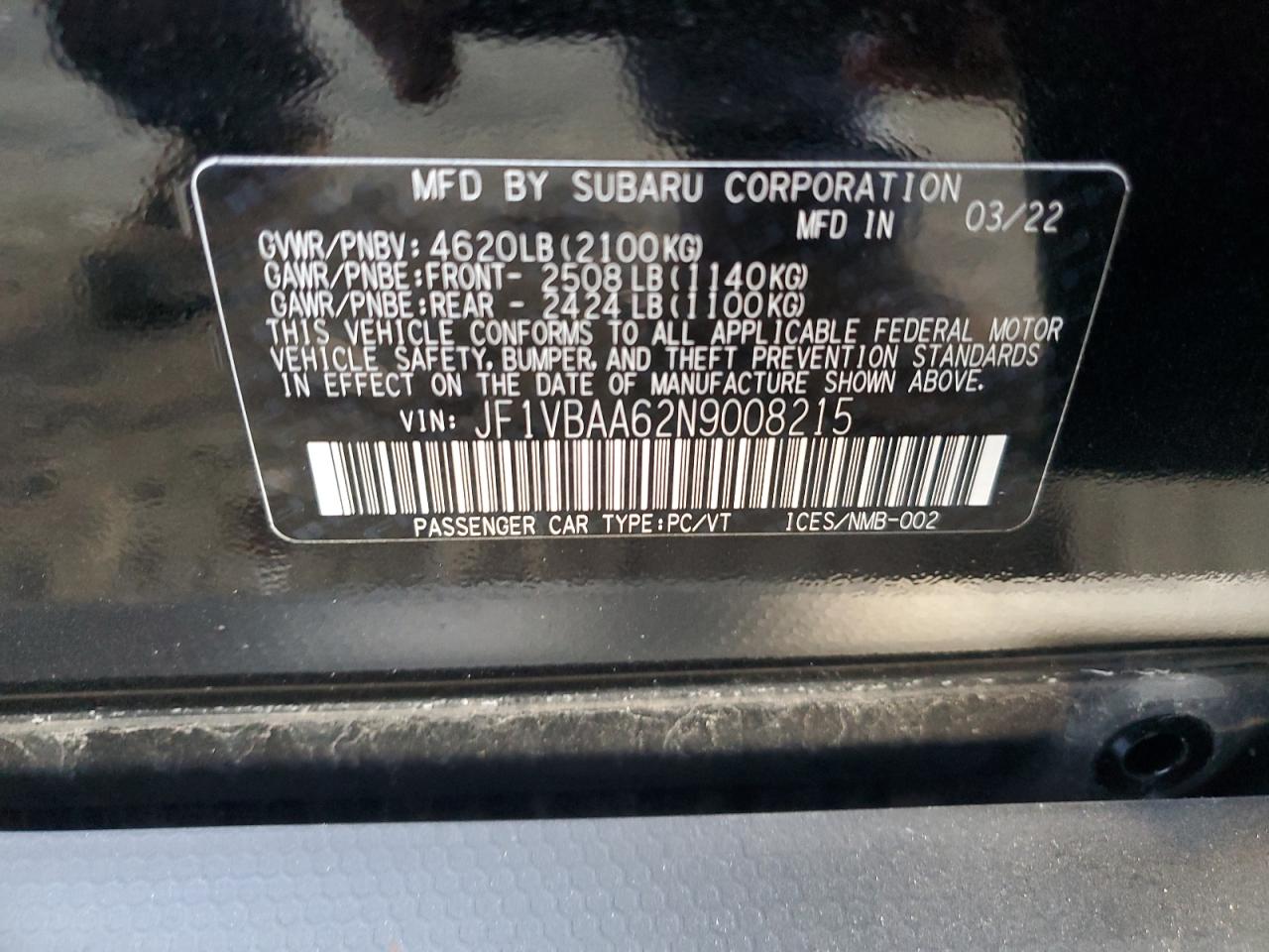 2022 SUBARU WRX  VIN:JF1VBAA62N9008215