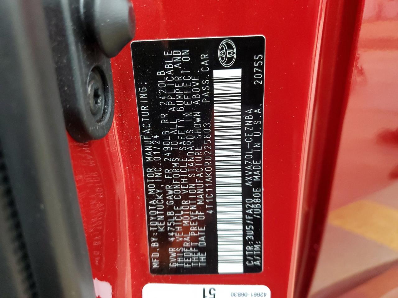 2024 TOYOTA CAMRY LE VIN:4T1C11AK0RU225603