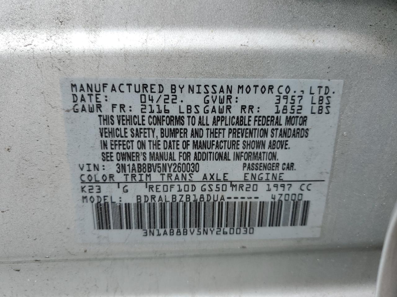 2022 NISSAN SENTRA S VIN:3N1AB8BV5NY260030
