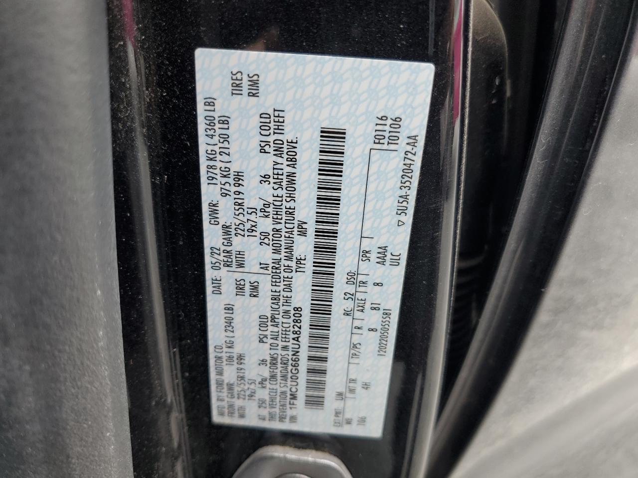 2022 FORD ESCAPE SE VIN:1FMCU0G66NUA82808