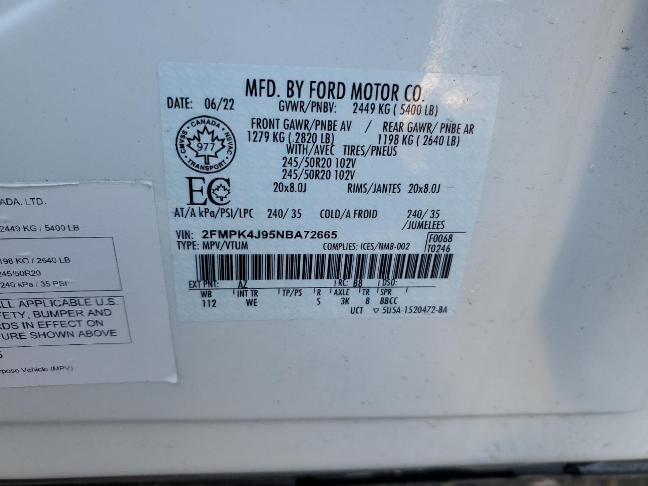 2022 FORD EDGE SEL VIN:2FMPK4J95NBA72665
