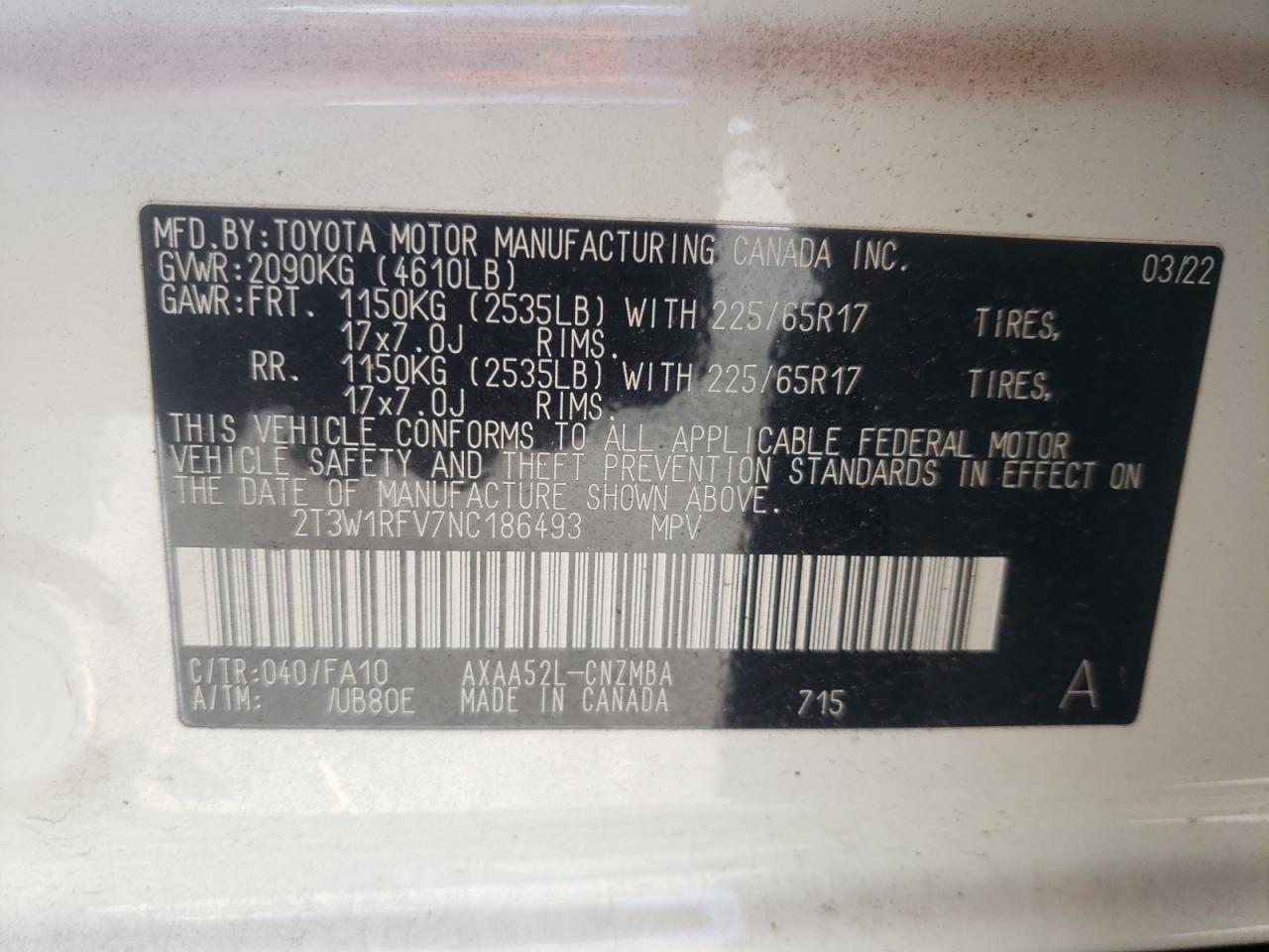 2022 TOYOTA RAV4 XLE VIN:2T3W1RFV7NC186493