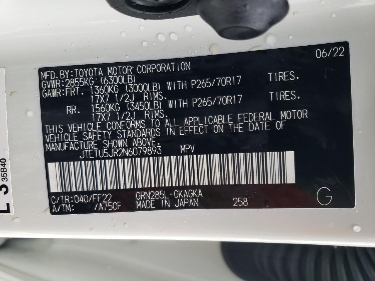 2022 TOYOTA 4RUNNER TRAIL VIN:JTETU5JR2N6079893