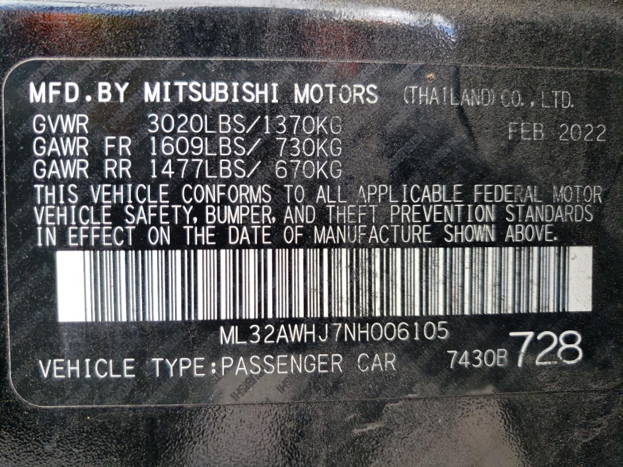 2022 MITSUBISHI MIRAGE SE VIN:ML32AWHJ7NH006105