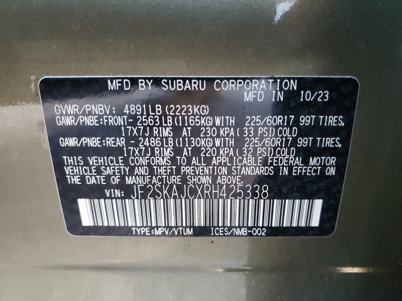 2024 SUBARU FORESTER WILDERNESS VIN:JF2SKAJCXRH425338