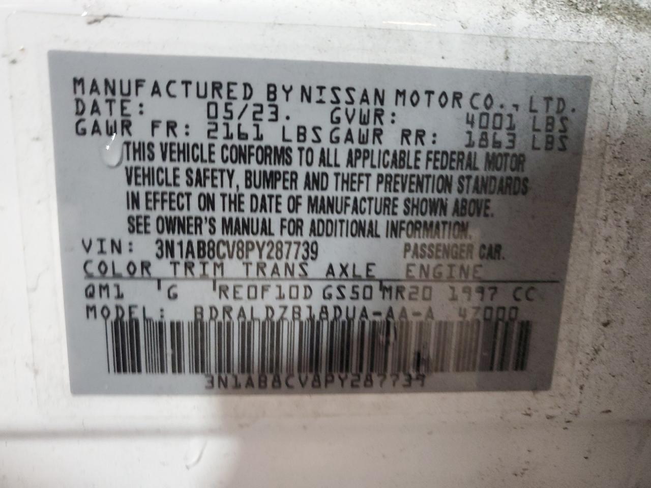 2023 NISSAN SENTRA SV VIN:3N1AB8CV8PY287739