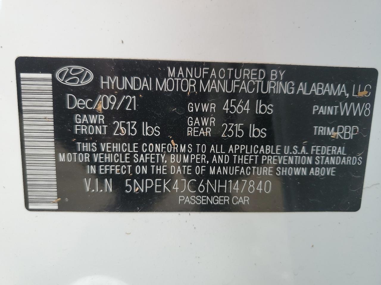2022 HYUNDAI SONATA N LINE VIN:5NPEK4JC6NH147840