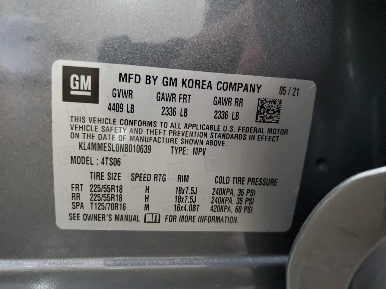 2022 BUICK ENCORE GX SELECT VIN:KL4MMESL0NB010639