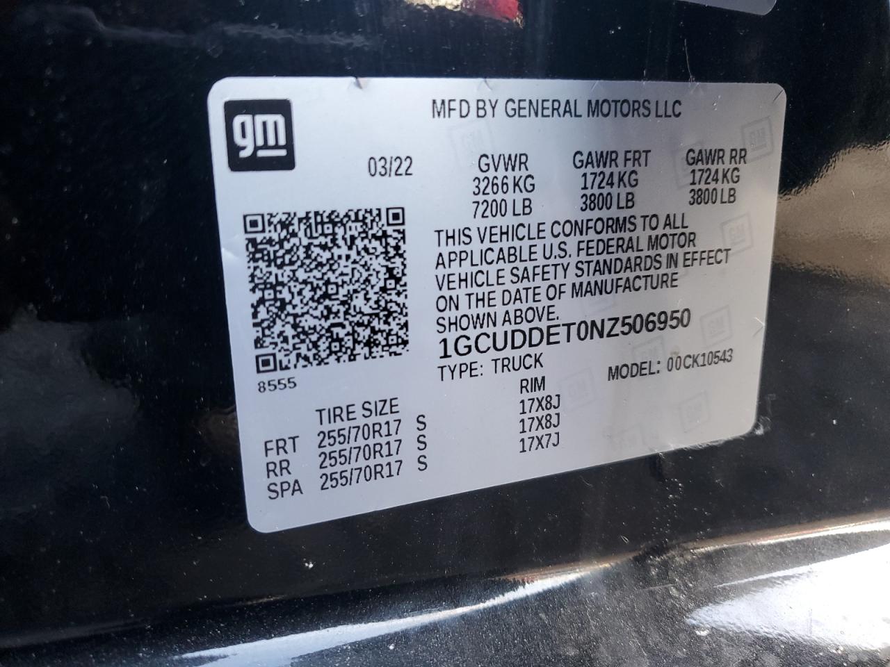 2022 CHEVROLET SILVERADO K1500 LT VIN:1GCUDDET0NZ506950