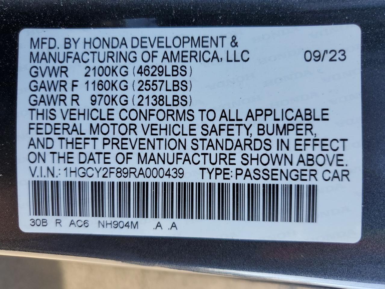 2024 HONDA ACCORD TOURING HYBRID VIN:1HGCY2F89RA000439