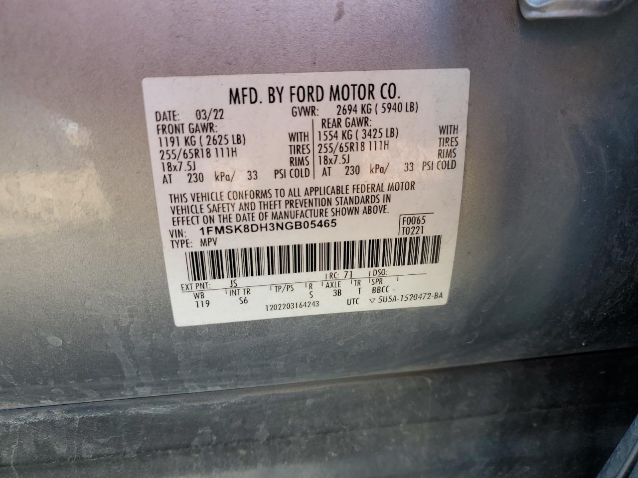 2022 FORD EXPLORER XLT VIN:1FMSK8DH3NGB05465