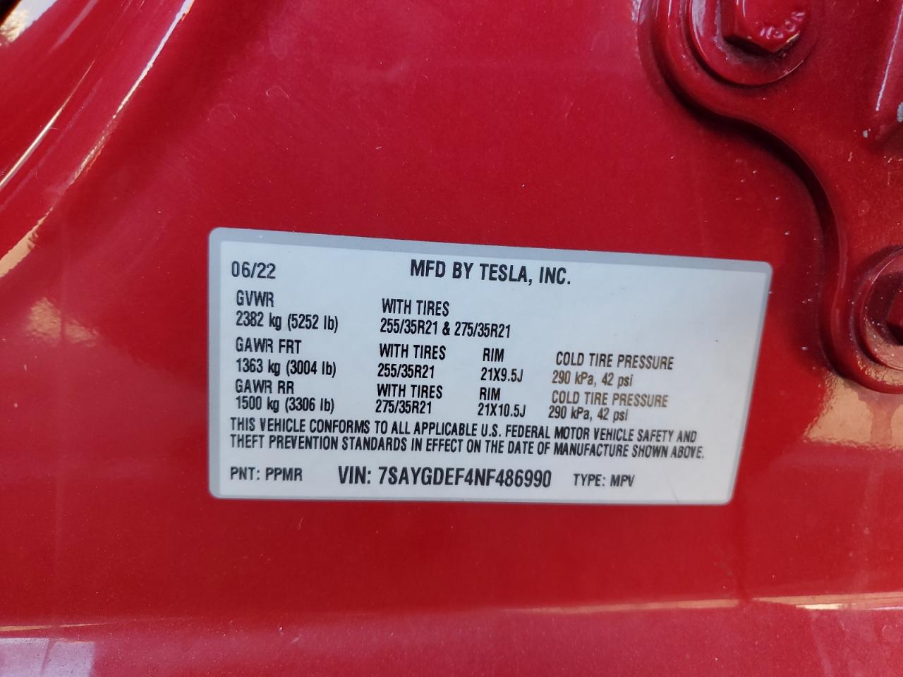2022 TESLA MODEL Y  VIN:7SAYGDEF4NF486990