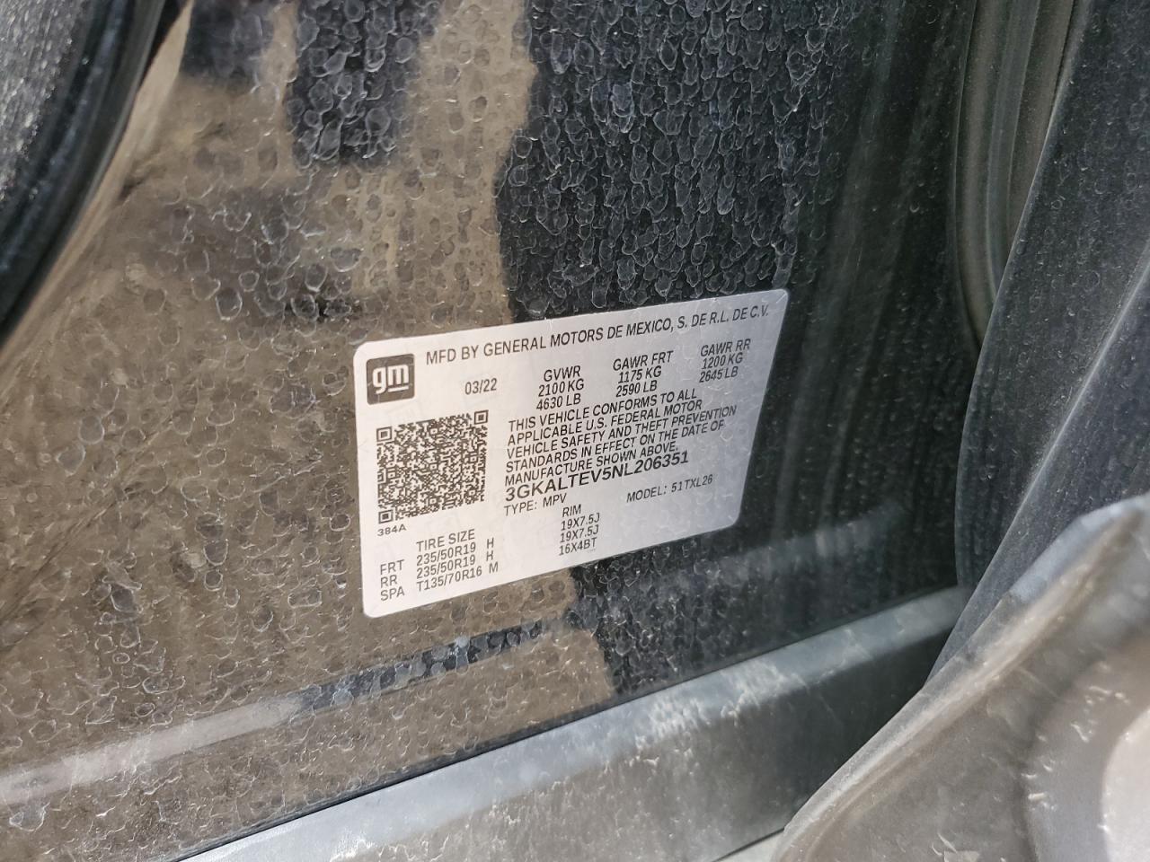 2022 GMC TERRAIN SLE VIN:3GKALTEV5NL206351
