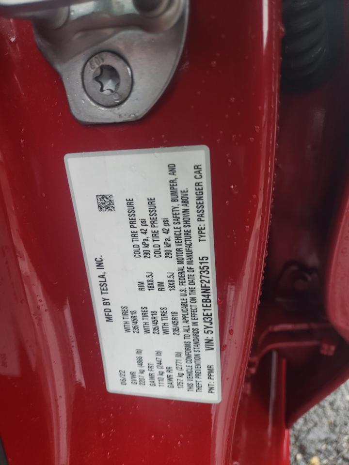 2022 TESLA MODEL 3  VIN:5YJ3E1EB4NF273515