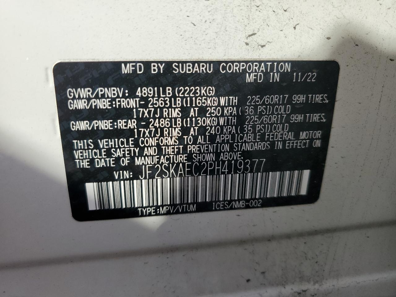 2023 SUBARU FORESTER PREMIUM VIN:JF2SKAEC2PH419377