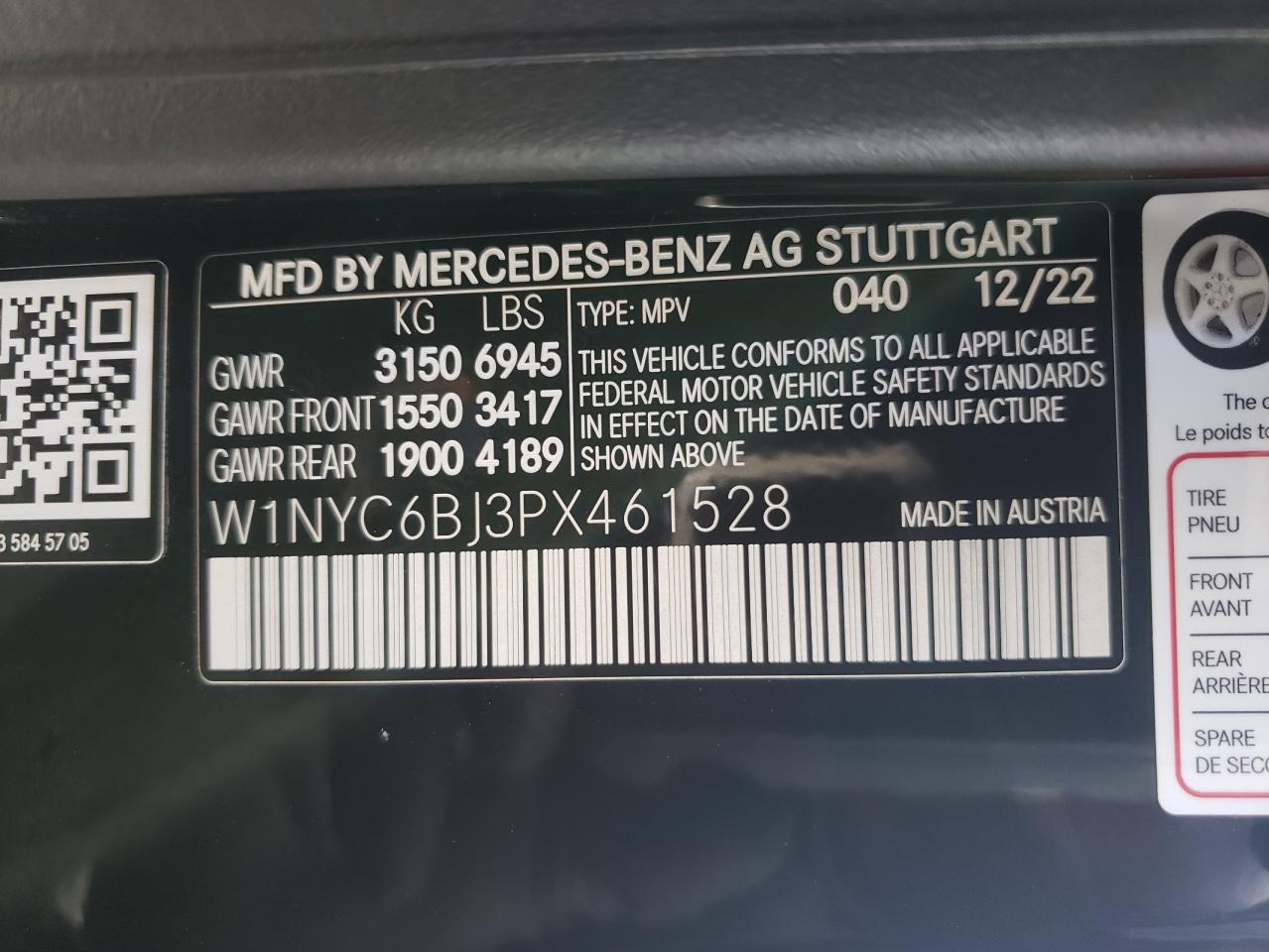 2023 MERCEDES-BENZ G 550 VIN:W1NYC6BJ3PX461528