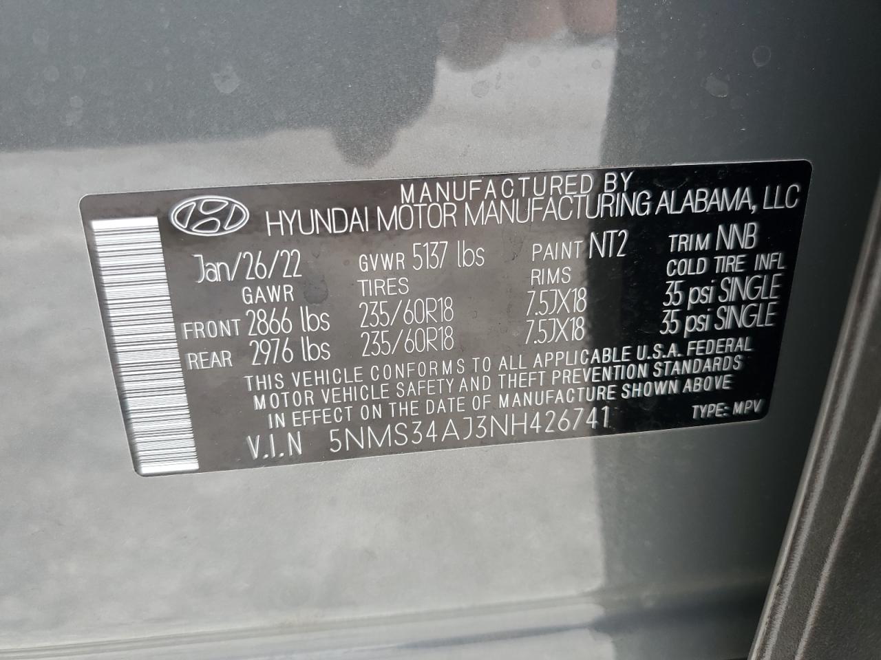 2022 HYUNDAI SANTA FE SEL VIN:5NMS34AJ3NH426741