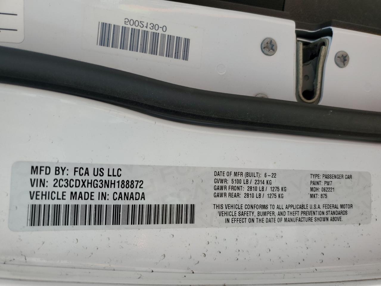 2022 DODGE CHARGER GT VIN:2C3CDXHG3NH188872