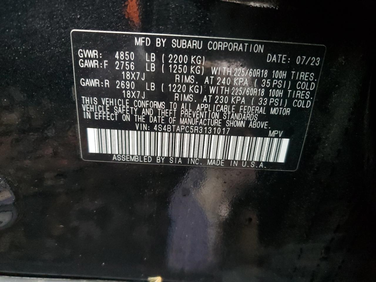 2024 SUBARU OUTBACK TOURING VIN:4S4BTAPC5R3131017