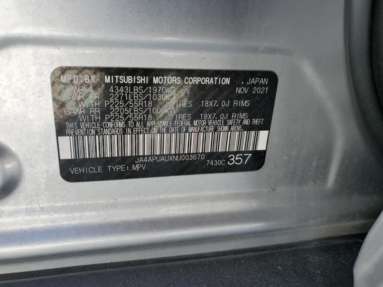 2022 MITSUBISHI OUTLANDER SPORT ES VIN:JA4APUAUXNU003670