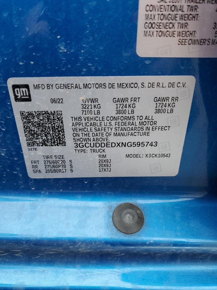 2022 CHEVROLET SILVERADO K1500 LT VIN:3GCUDDEDXNG595743