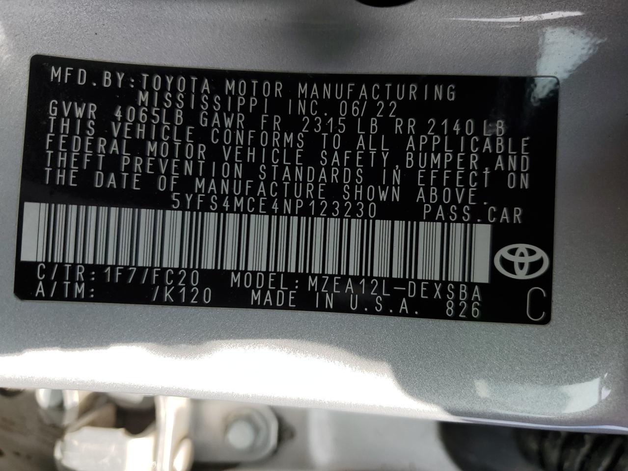 2022 TOYOTA COROLLA SE VIN:5YFS4MCE4NP123230