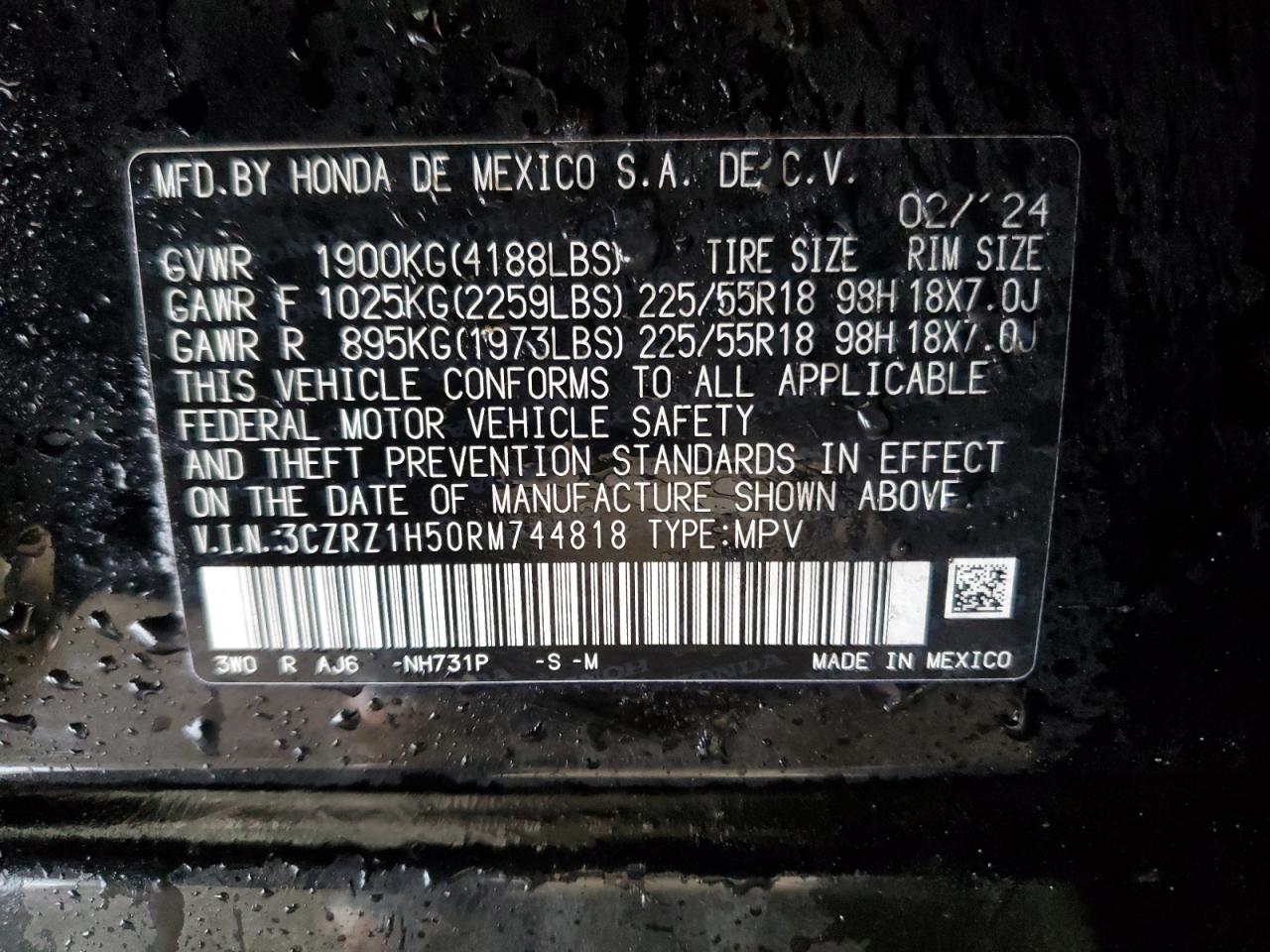 2024 HONDA HR-V SPORT VIN:3CZRZ1H50RM744818