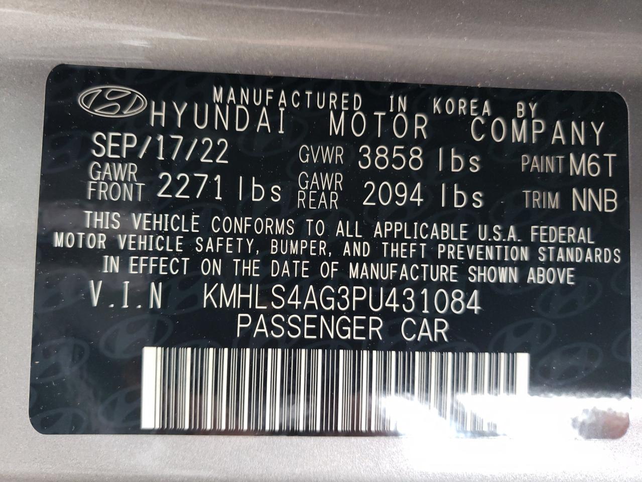 2023 HYUNDAI ELANTRA SEL VIN:KMHLS4AG3PU431084