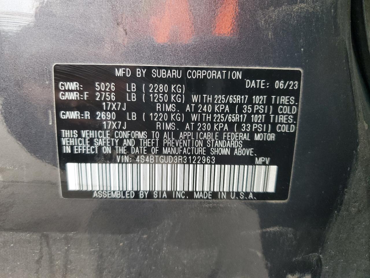 2024 SUBARU OUTBACK WILDERNESS VIN:4S4BTGUD3R3122963