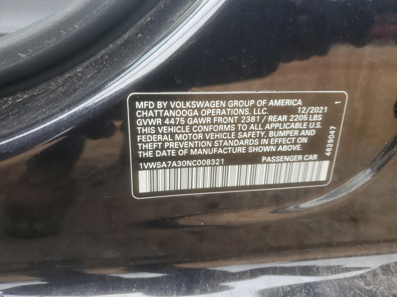 2022 VOLKSWAGEN PASSAT SE VIN:1VWSA7A30NC008321