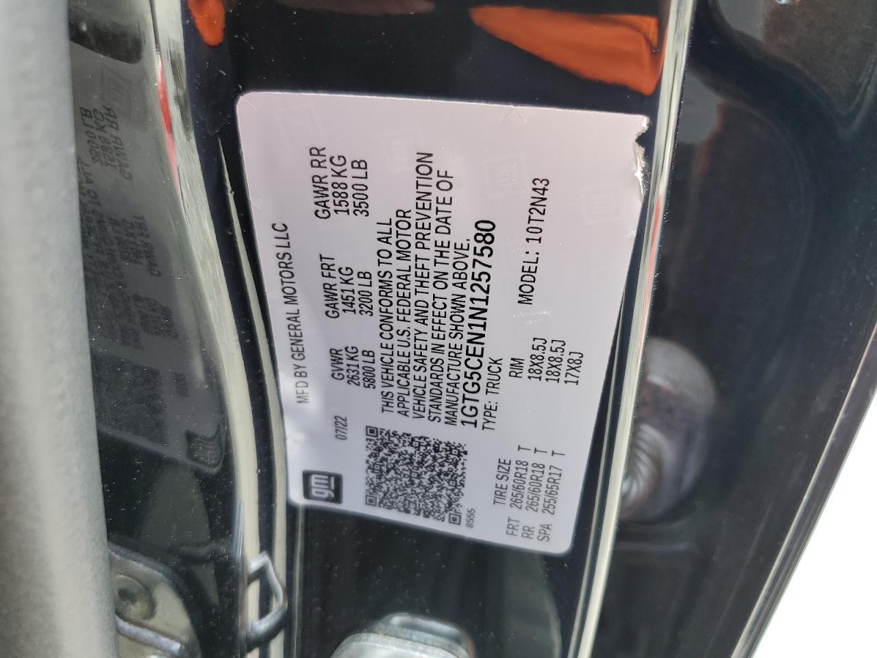 2022 GMC CANYON ELEVATION VIN:1GTG5CEN1N1257580