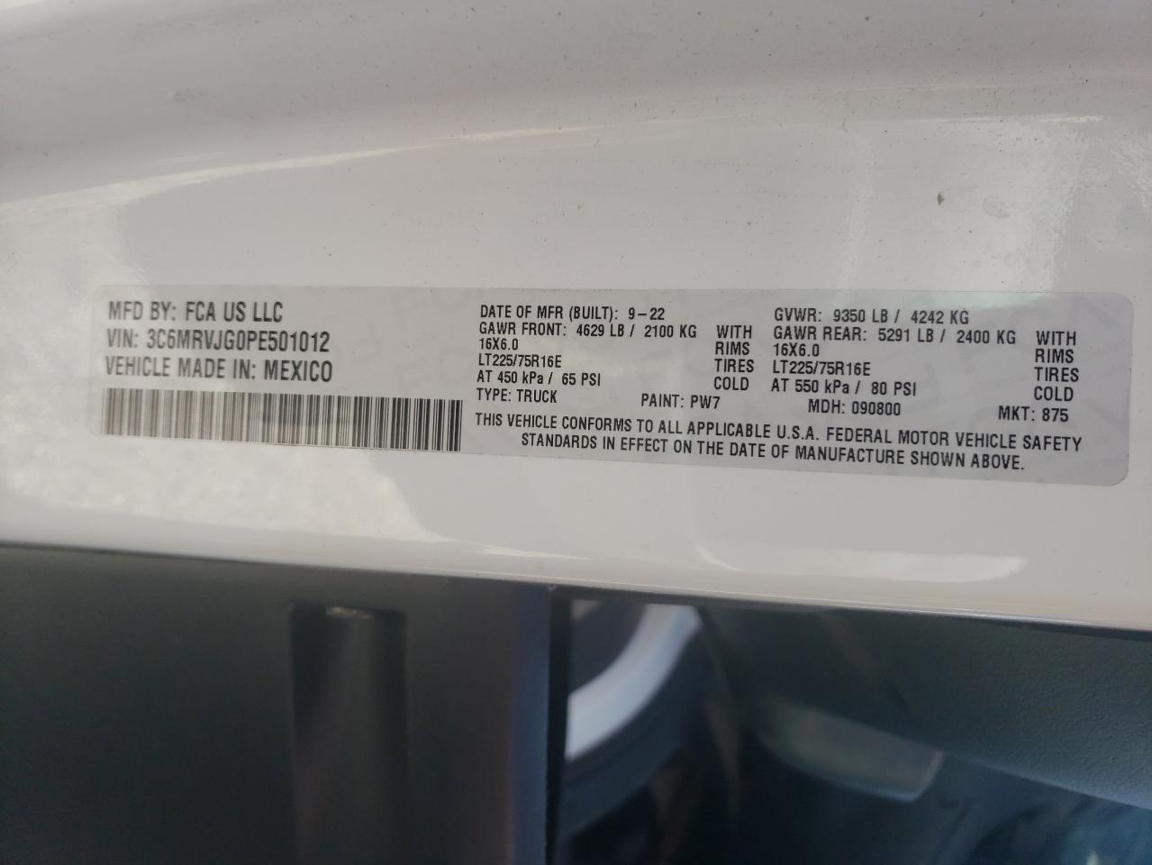 2023 RAM PROMASTER 3500 3500 HIGH VIN:3C6MRVJG0PE501012