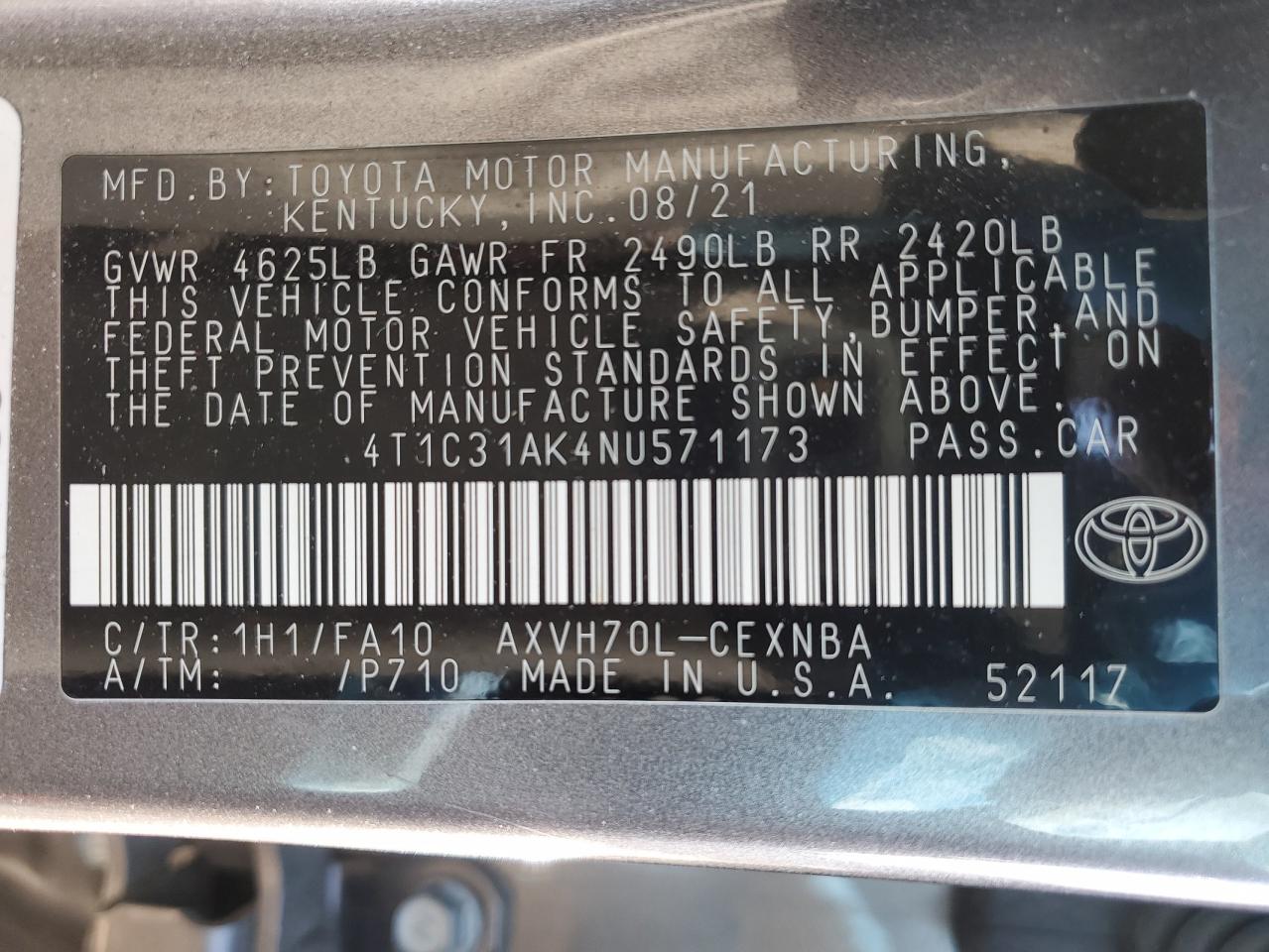 2022 TOYOTA CAMRY LE VIN:4T1C31AK4NU571173