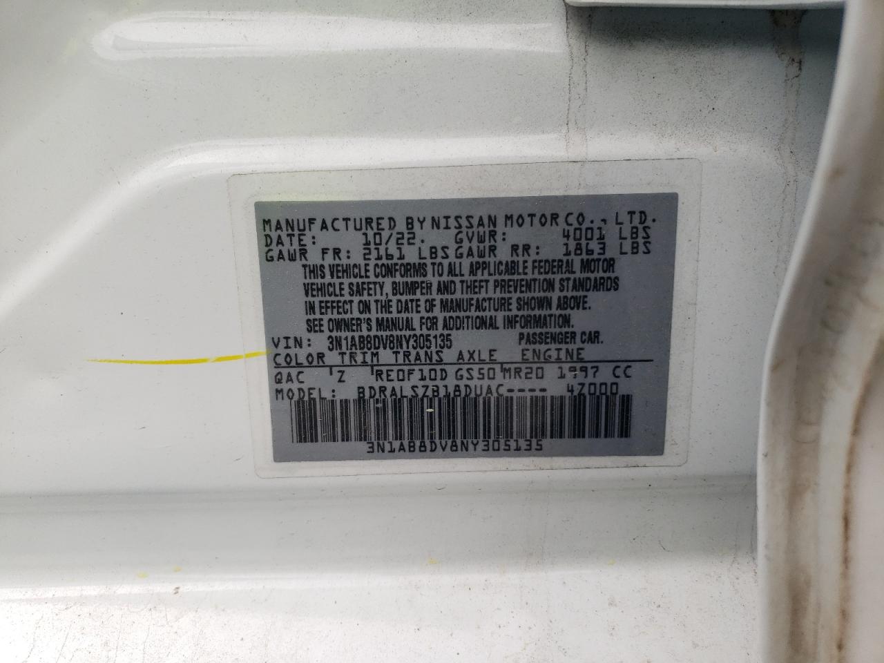 2022 NISSAN SENTRA SR VIN:3N1AB8DV8NY305135