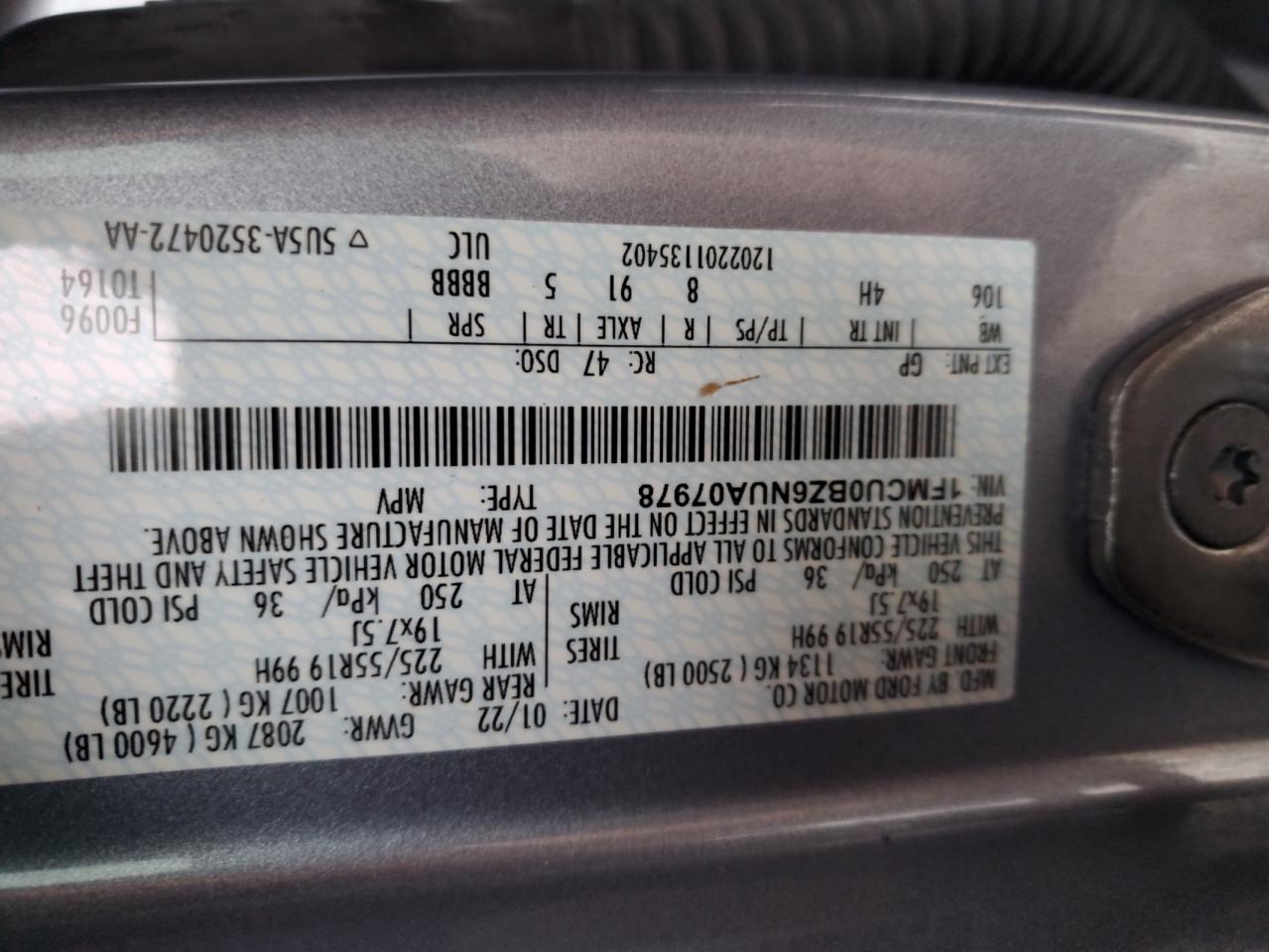 2022 FORD ESCAPE SE VIN:1FMCU0BZ6NUA07978