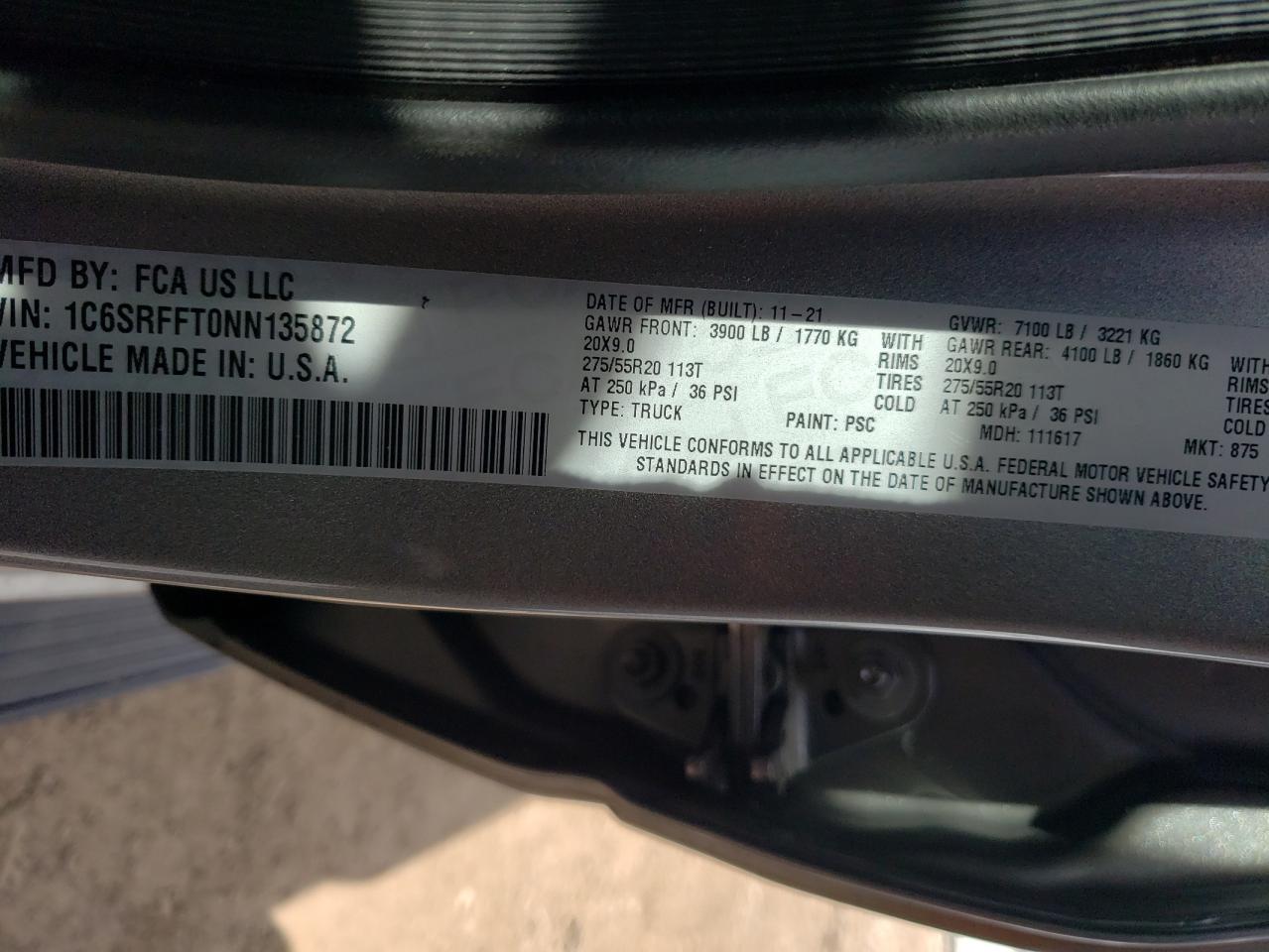 2022 RAM 1500 BIG HORN/LONE STAR VIN:1C6SRFFT0NN135872