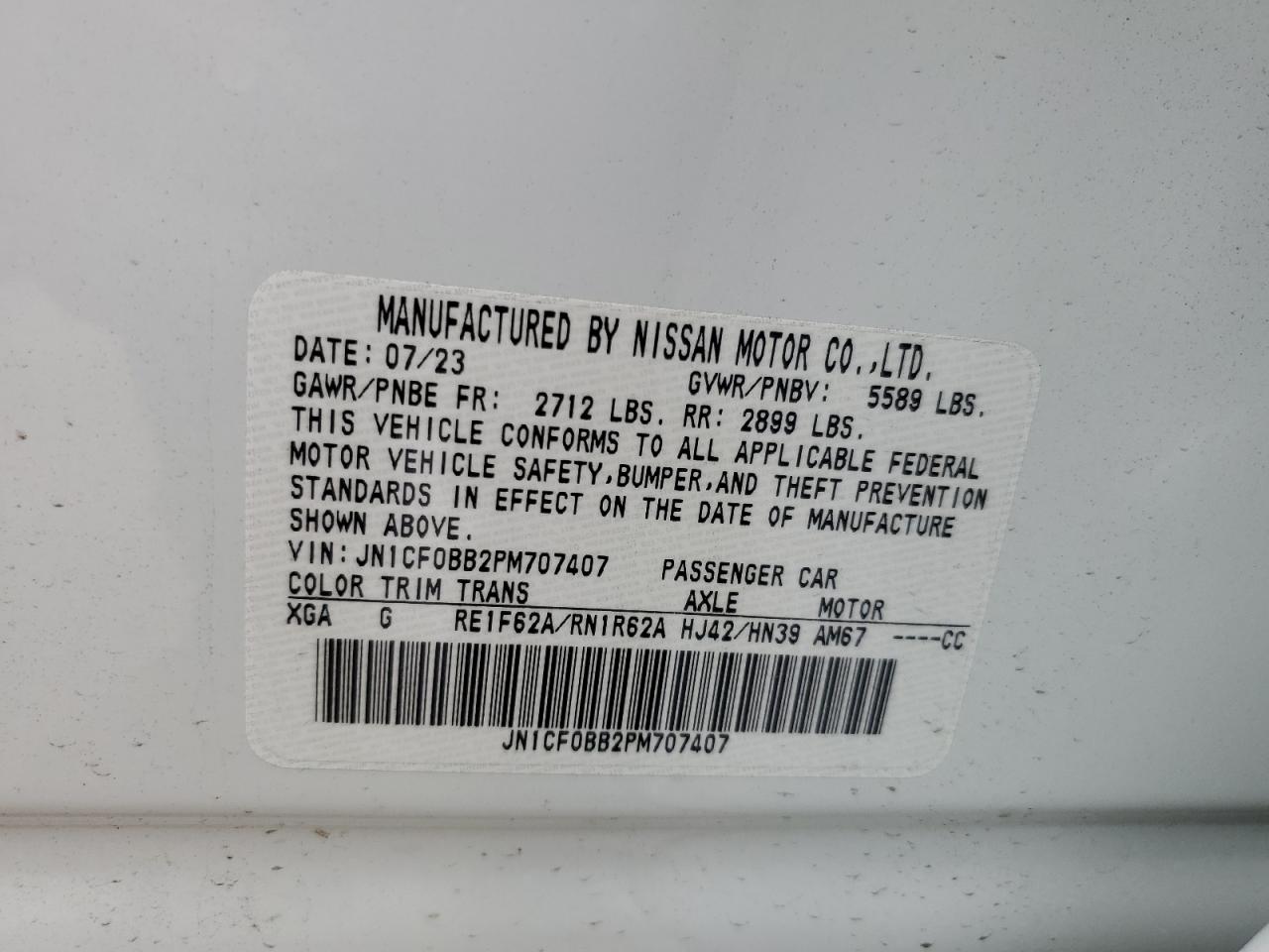 2023 NISSAN ARIYA ENGAGE VIN:JN1CF0BB2PM707407