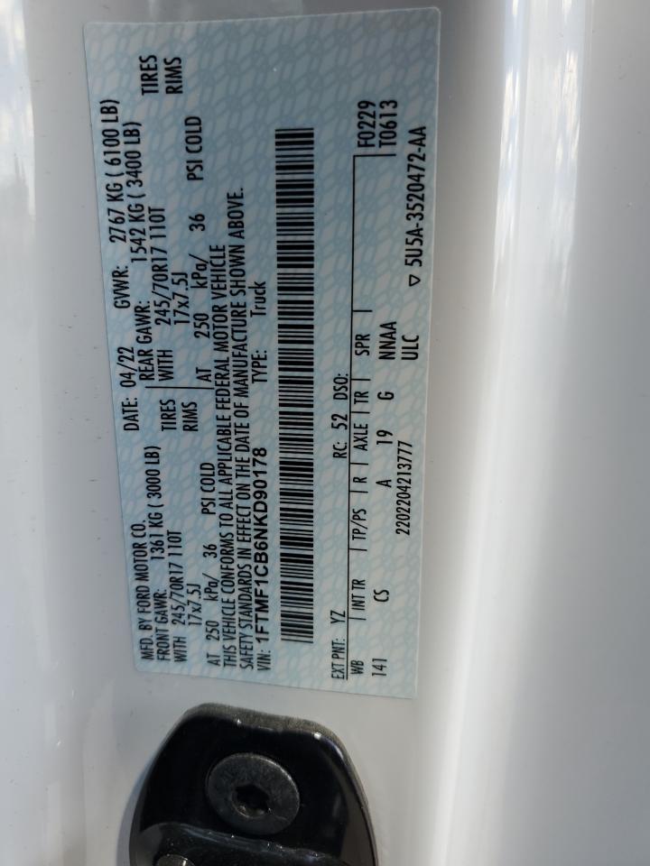 2022 FORD F150  VIN:1FTMF1CB6NKD90178