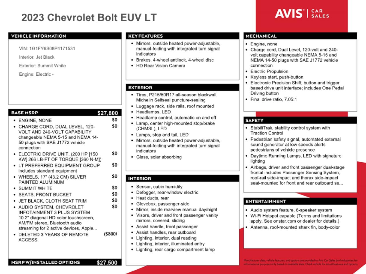 2023 CHEVROLET BOLT EUV LT VIN:1G1FY6S08P4171531