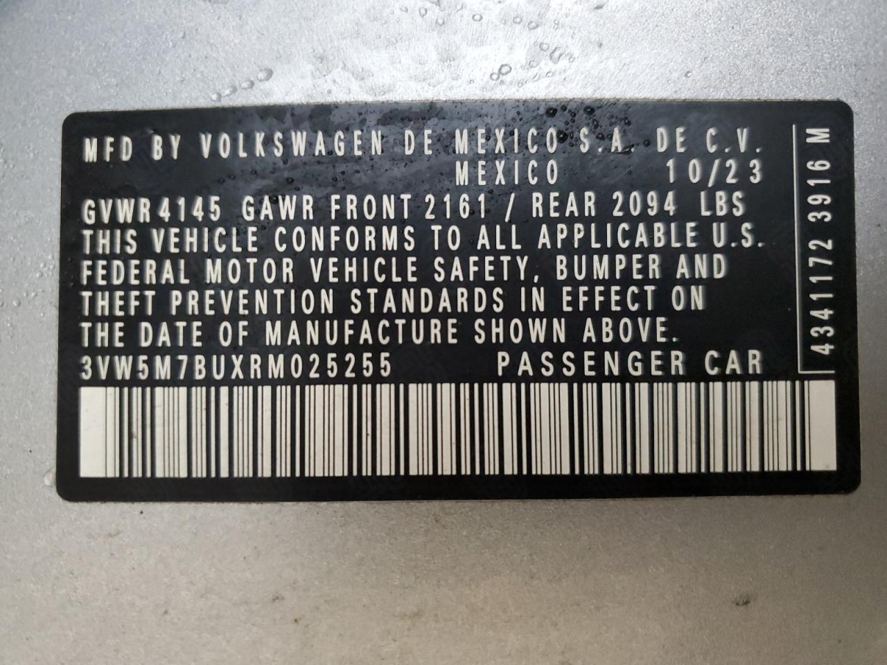 2024 VOLKSWAGEN JETTA S VIN:3VW5M7BUXRM025255