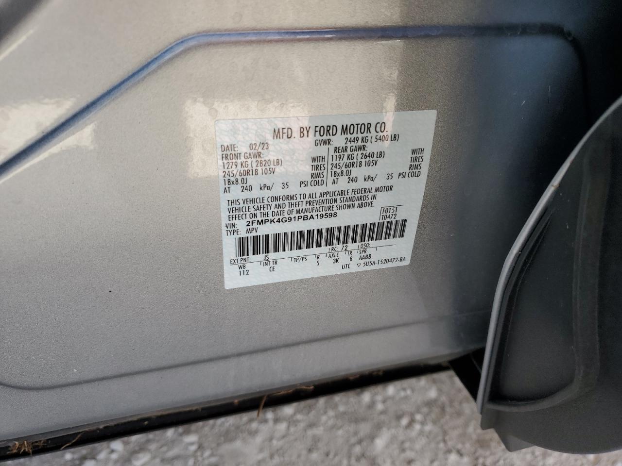 2023 FORD EDGE SE VIN:2FMPK4G91PBA19598