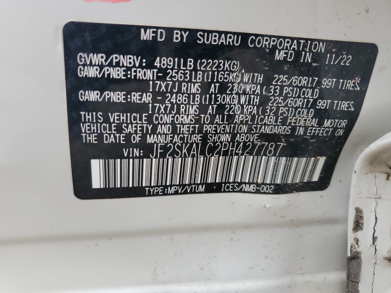 2023 SUBARU FORESTER WILDERNESS VIN:JF2SKALC2PH427787