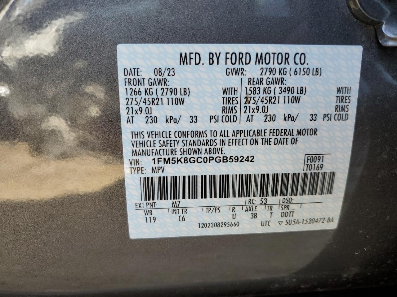 2023 FORD EXPLORER ST VIN:1FM5K8GC0PGB59242